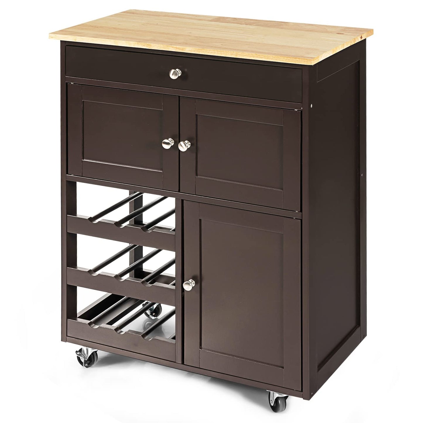 GiantexUK Kitchen Storage Trolley on Wheels, Rolling Serving Island Cart with Drawer and Wine Racks