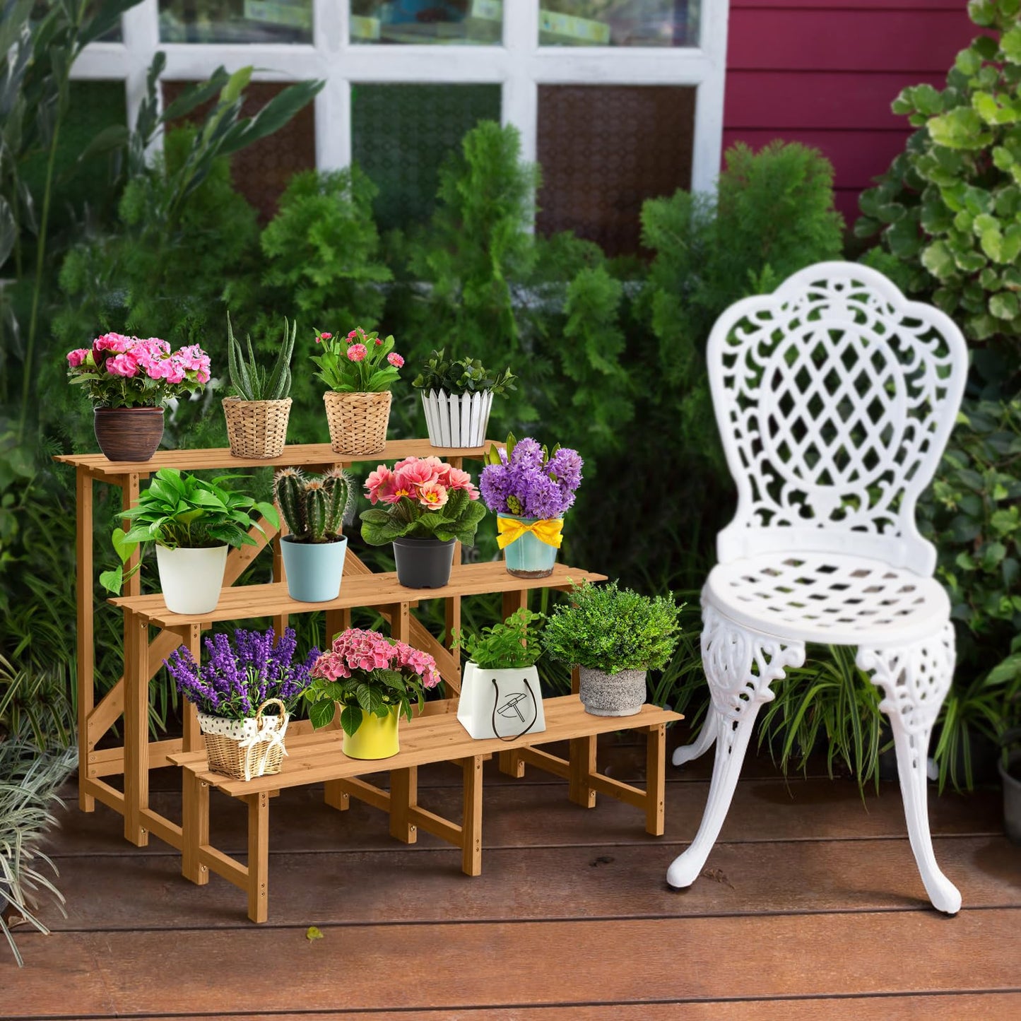 3-Tier Plant Stand, Fir Wood High Low Pots Ladder Shelf Rack with Slatted Tiers, Indoor Outdoor Flowers Display