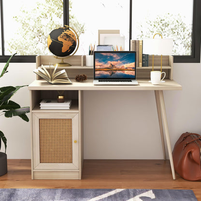 Computer Desk, 120cm Mid Century Writing Study Desk with Hutch, PE Rattan Cabinet and Shelves