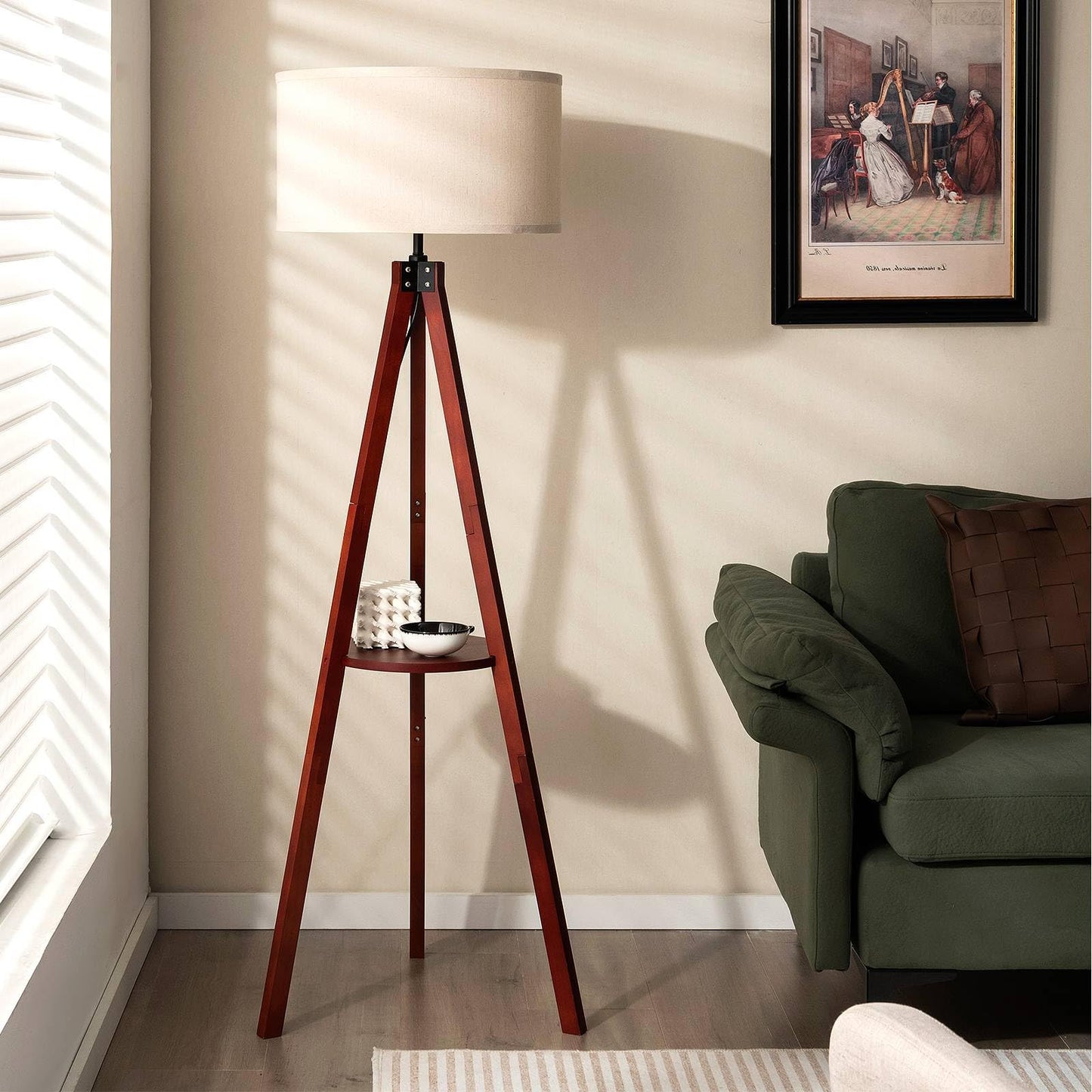 GiantexUK Tripod Floor Lamp with Shelf, Rubber Wood Frame Standing Corner Lamp with Linen Fabric Lampshade