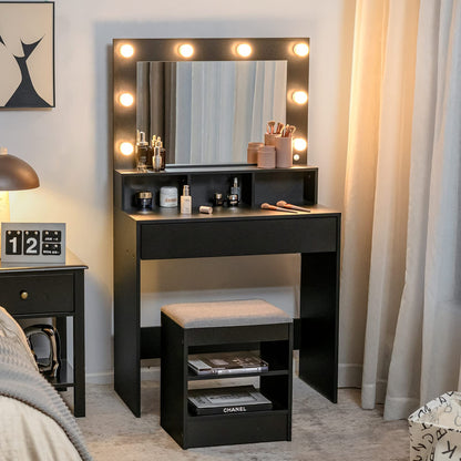 Dressing Table Set with LED Lights Hollywood Mirror, Drawer and Shelves