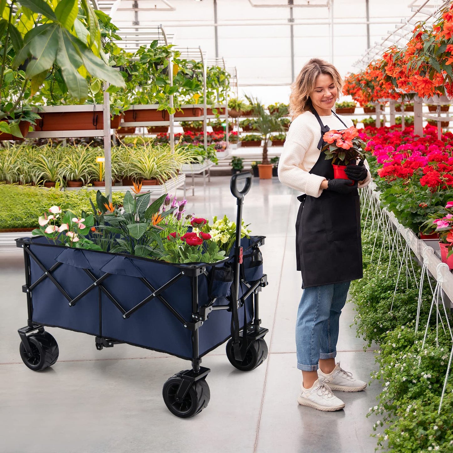 GiantexUK Foldable Wagon Cart, Garden Wagon with Adjustable Handle