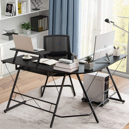 L-Shaped Computer Desk, 130CM Large 2-Person Corner Writing Workstation with Movable Host Stand