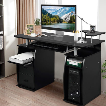 Computer Desk, Modern Writing Desk Office Desk with Drawers, Keyboard Tray, Printer Stand & Storage Shelves