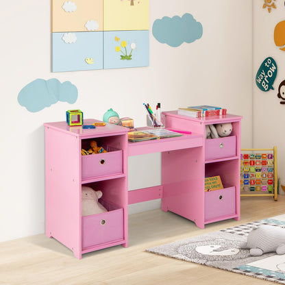 Kids Dressing Table with Tri-Folding Detachable Mirror, 4 Storage Bins, Girls Makeup Vanity Tables for Playroom Bedroom