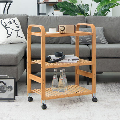 GiantexUK 3/4-Tier Rolling Cart, Multi-Function Bamboo Storage Trolley with Removable Wheels(3 Tier, 58 x 33 x 76cm)