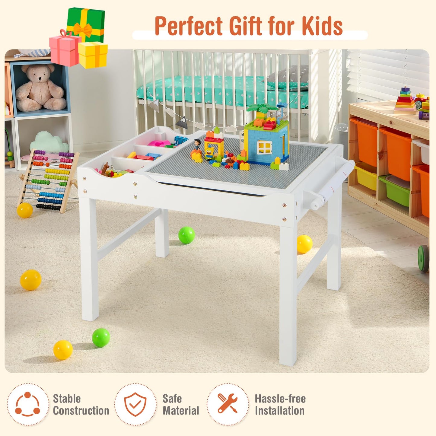 2-in-1 Kids Activity Table, Wooden Children Building Blocks Table with Reversible Tabletop