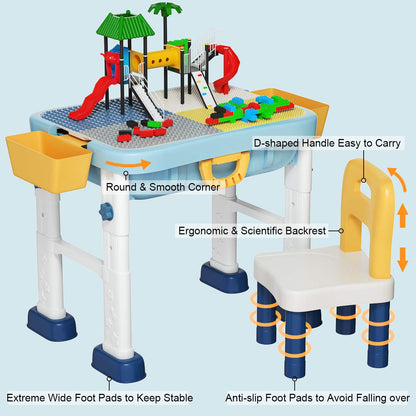 Kids Building Blocks Table and Chair Set, Height Adjustable Activity Table with Double-Side Tabletop