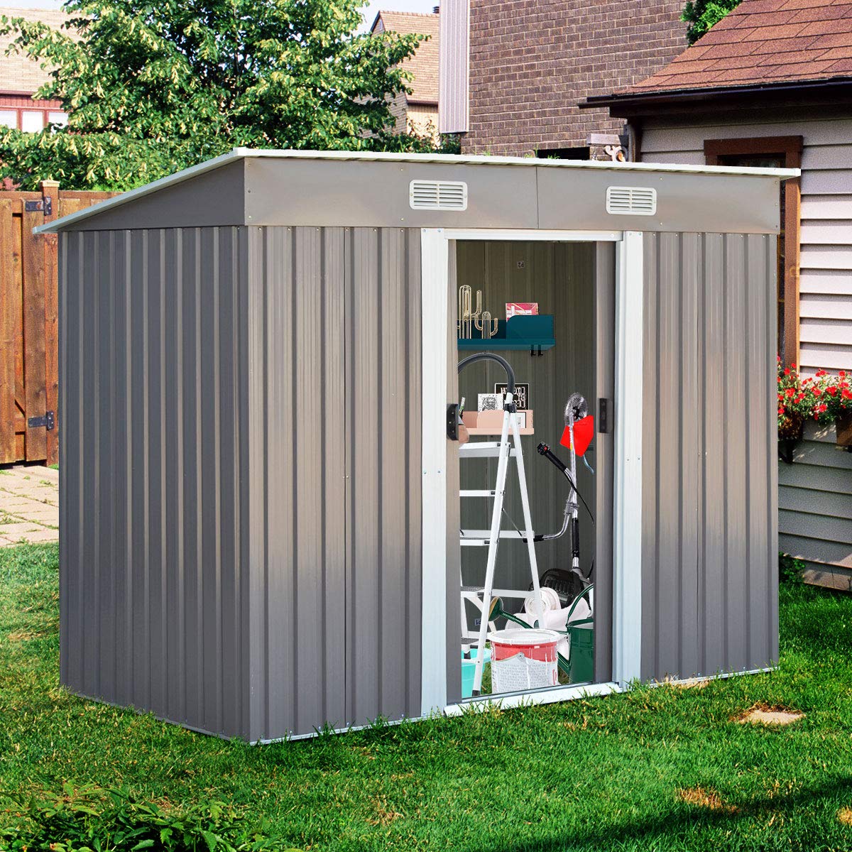 GiantexUK 8x4FT Metal Garden Shed, Slope Roof Utility Shed Building for Backyard Garage (8x4FT, Dark Grey)