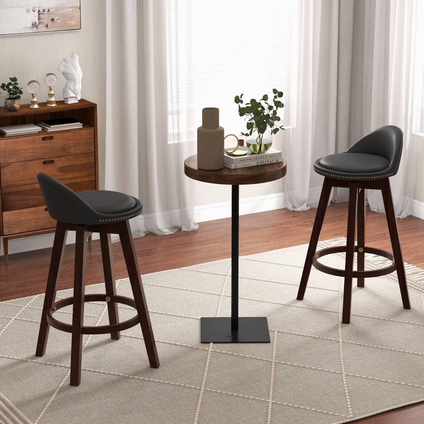 GiantexUK Bar Stools Set of 2, Upholstered Swivel Barstools with Rivets, Padded Back, Rubber Wood Legs & Footrest