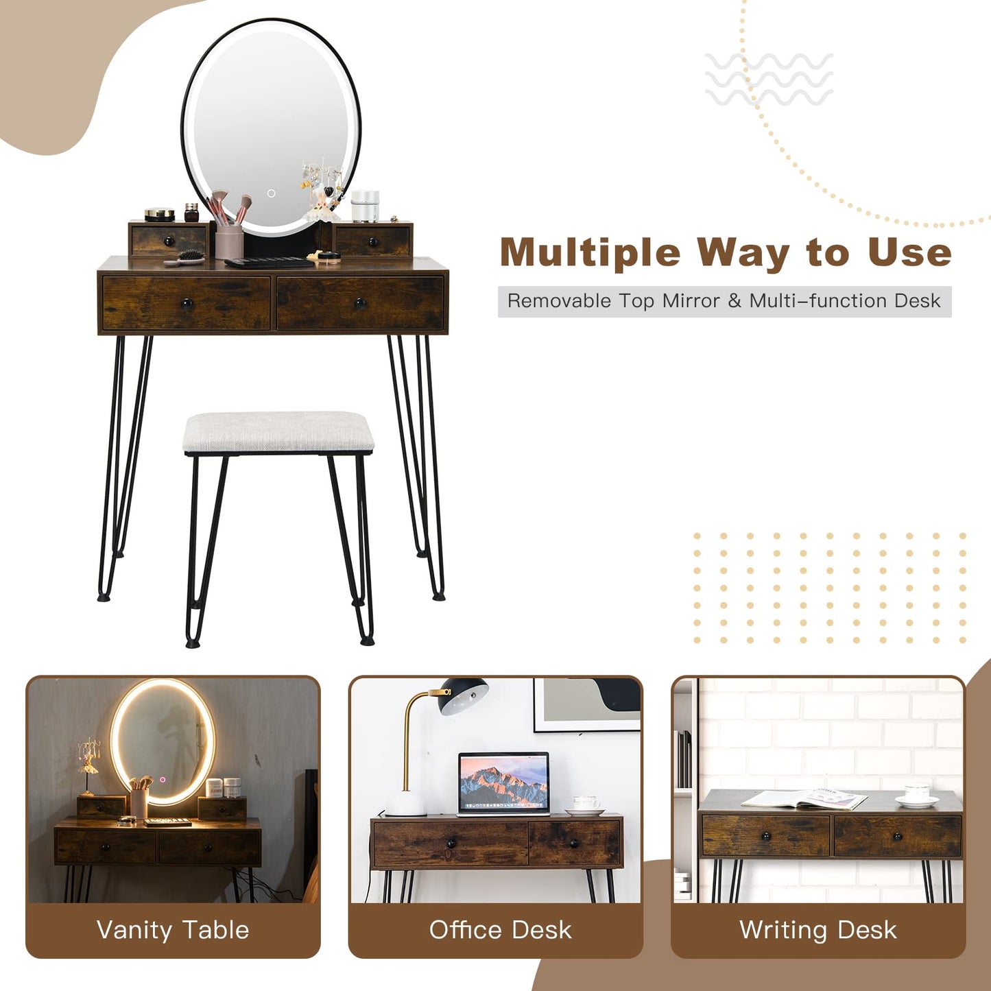 Dressing Table and Stool Set with 3-Color LED Lights Mirror, Wireless/USB Charging Port & 4 Drawer(Rustic Brown)