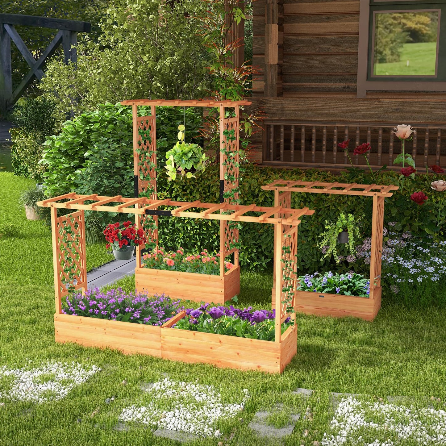 GiantexUK Raised Garden Bed with Arch Trellis, Wooden Garden Planter Box with Drainage Holes