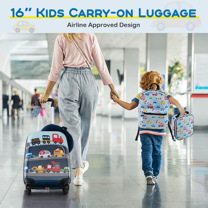 5Pcs Kids Luggage Set, 13" Backpack & 16" Children Hardshell Suitcase with Wheels, Neck Pillow