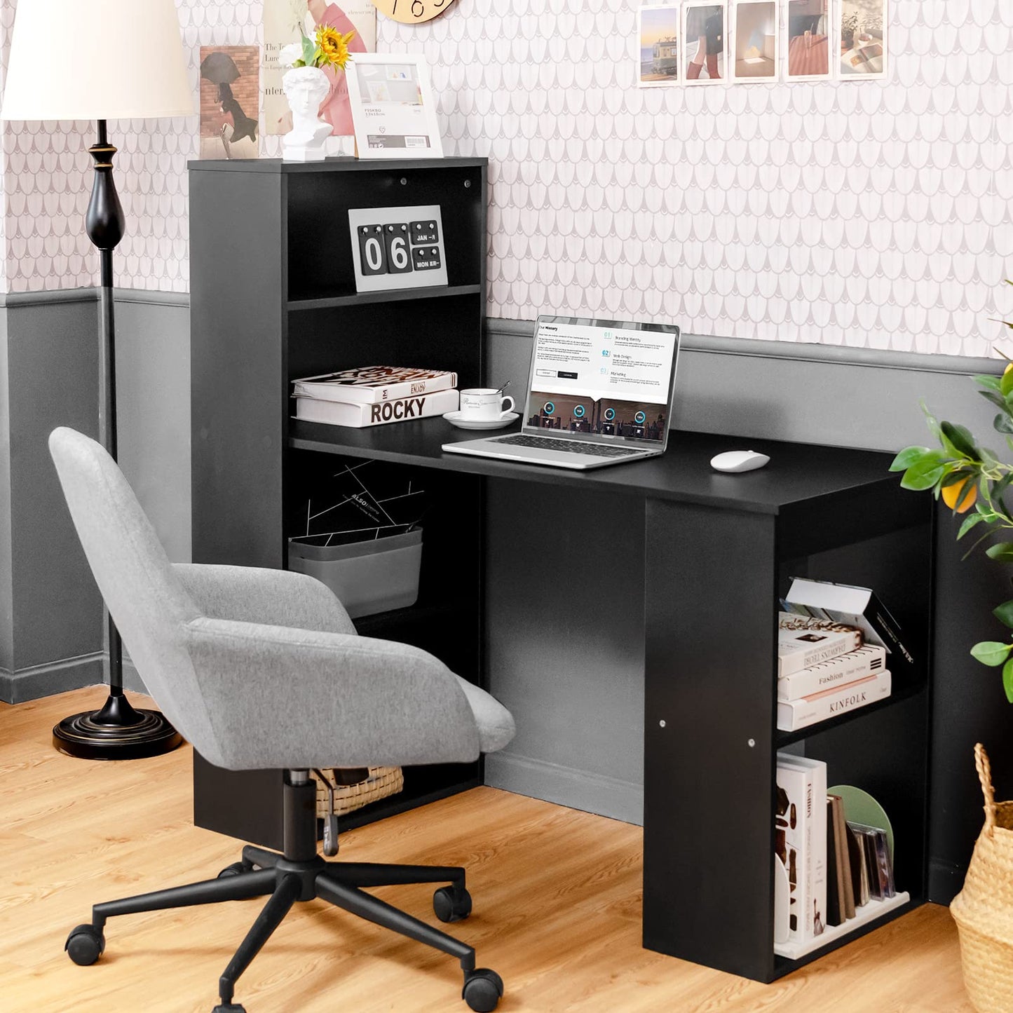 122cm Computer Desk, Wooden PC Laptop Table Writing Workstation with 6-Tier Storage Bookshelves