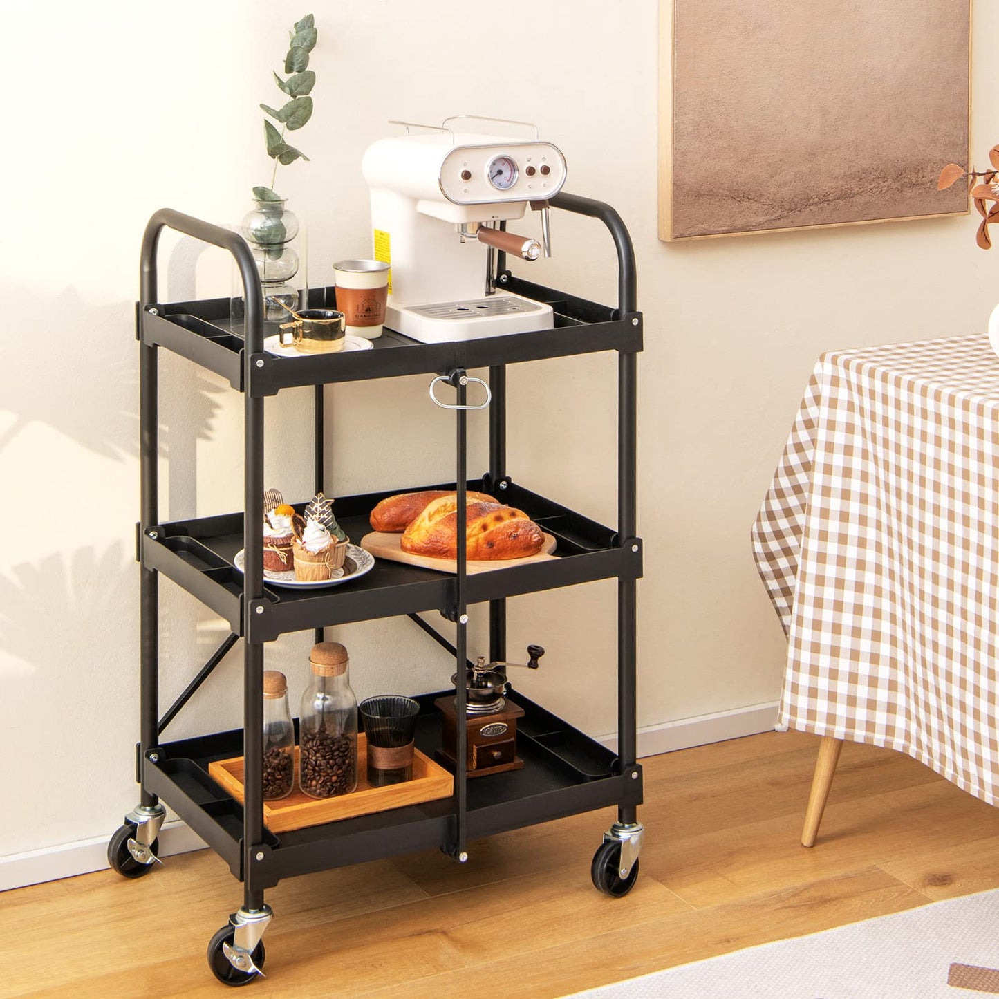 GiantexUK 3-Tier Folding Tool Trolley, Metal Frame Service Cart with Wheels