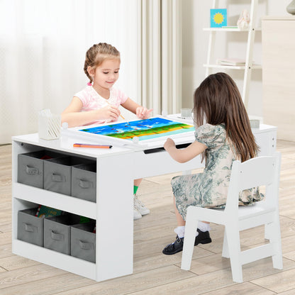 2-in-1 Kids Art Table and Chairs Set, Wooden Toddler Craft Easel Desk with 2-Tier Open Shelf (6 Cups)