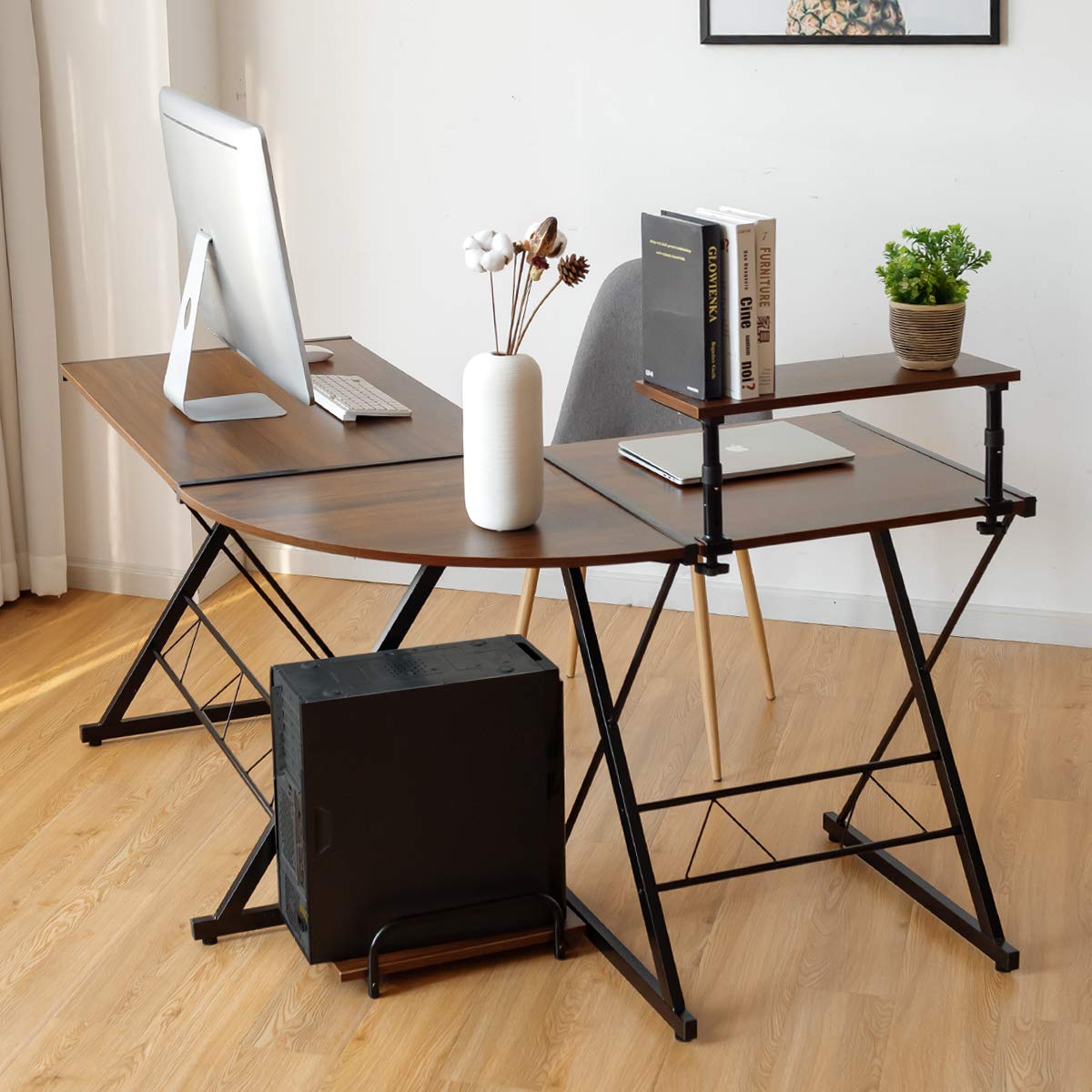 L-Shaped Computer Desk, Industrial Large Desktop 2-Person Corner Writing Workstation PC Laptop Table