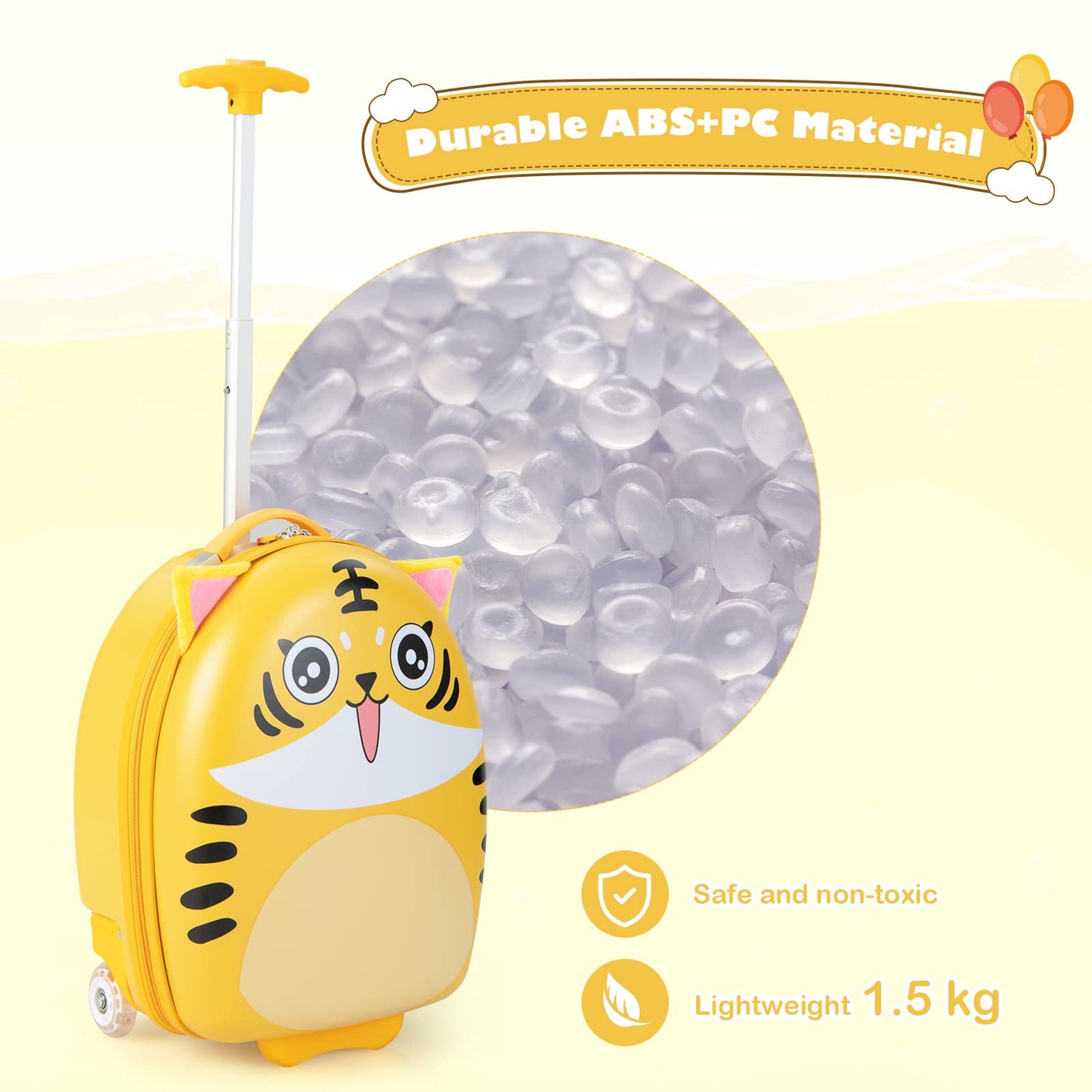 Kids Luggage, 16'' Children Cabin Suitcase with Light-up Wheels and Telescopic Handle (Yellow Tiger)