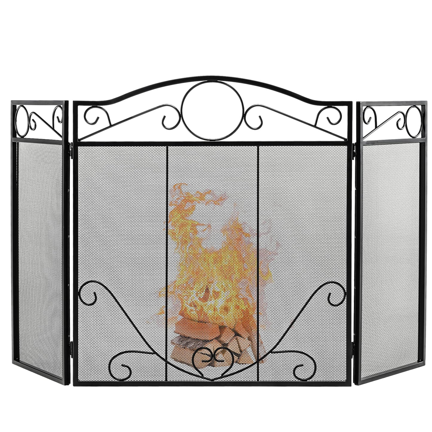 GiantexUK 3-Panel Folding Fire Guard, Metal Mesh Fireplace Screen, Heavy Duty Freestanding Spark Guard Safety Barrier (Scrollwork Pattern, 127 x 73cm)