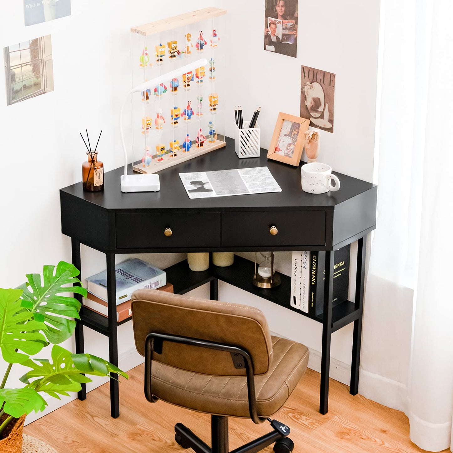 Corner Computer Desk, Triangle PC Laptop Table with 2 Drawer and Storage Shelves