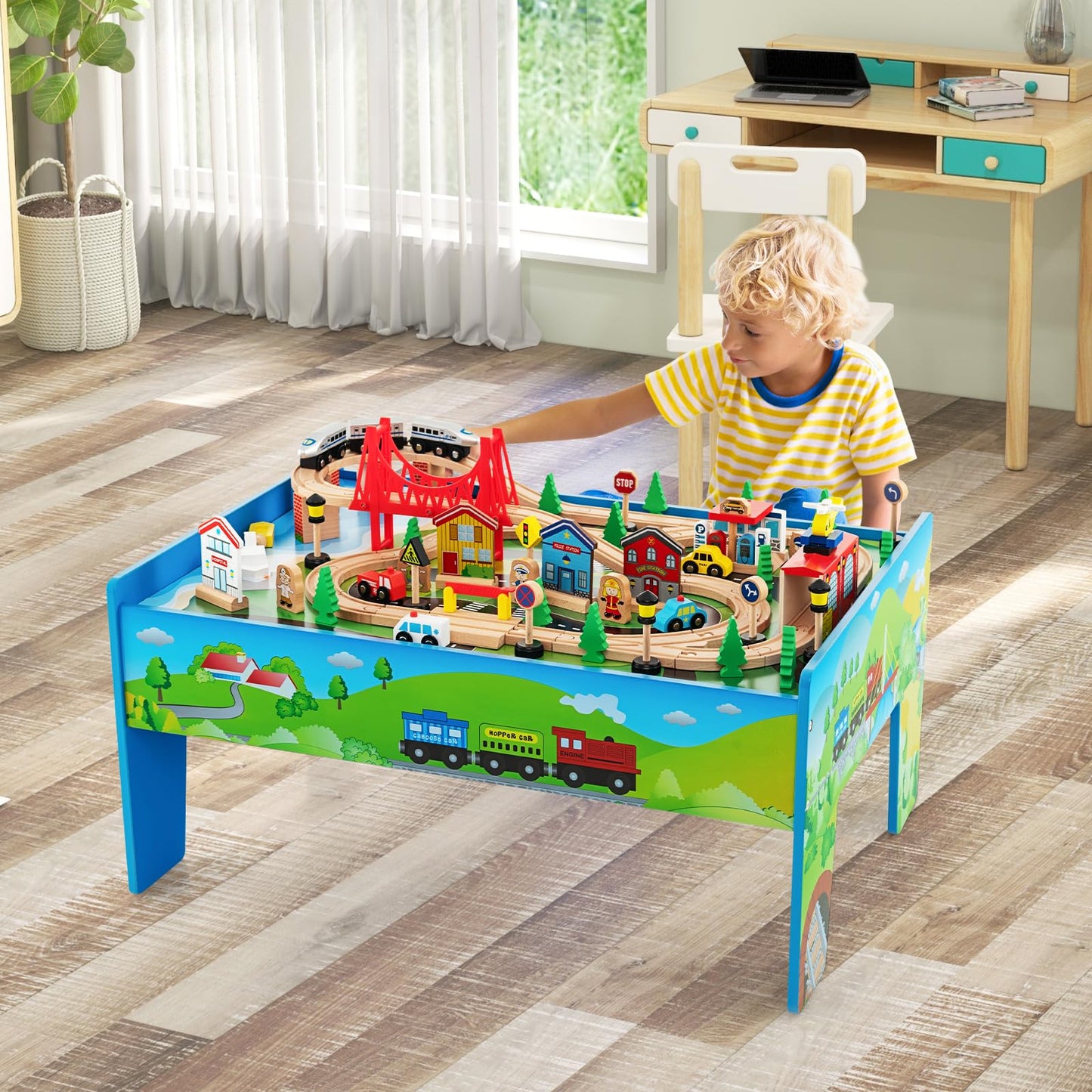 Train Track Set and Table, Wood Kids Play Tables with Abundant Accessories, DIY Railway Activity Playset for Boys Girls