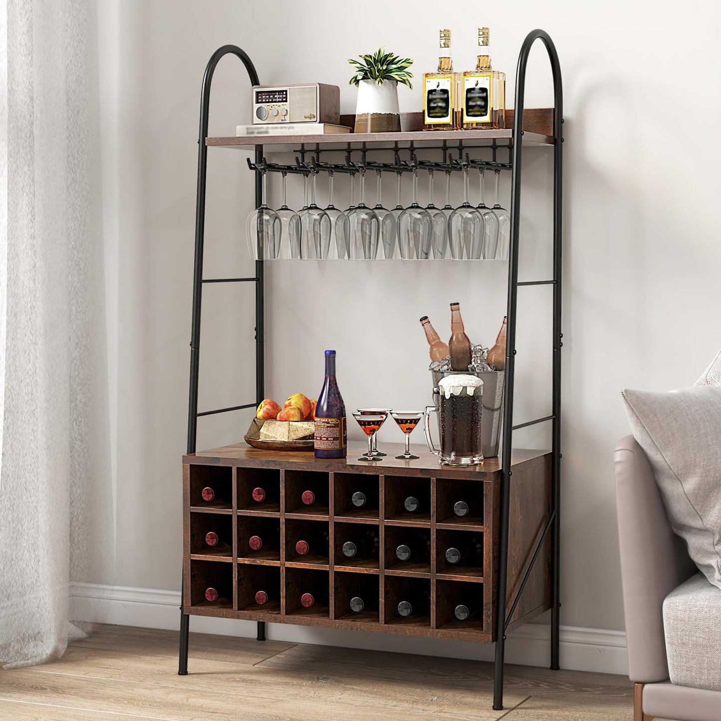 GiantexUK Wine Bar Cabinet, Freestanding Wine Baker’s Rack with Removable 18 Bottles Wine Rack