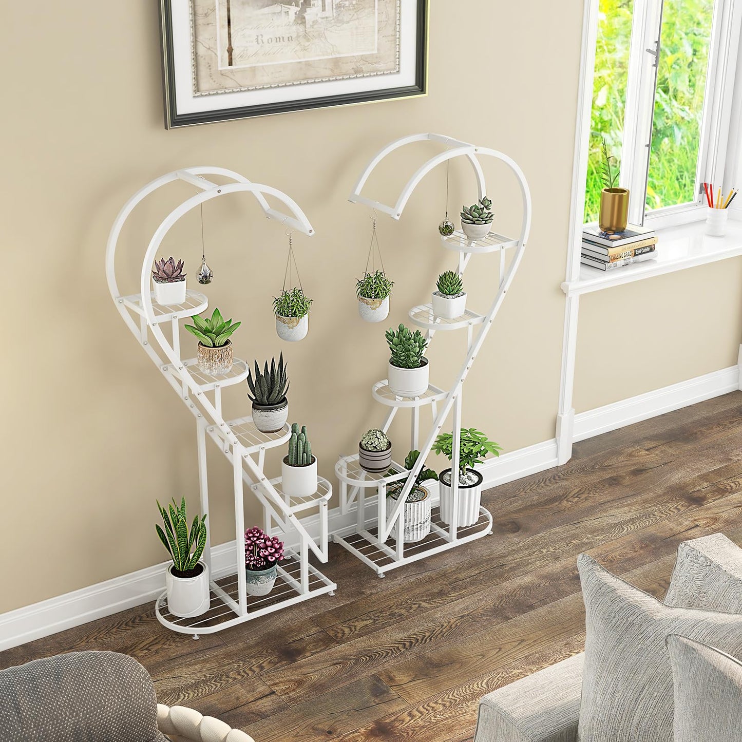 5-Tier Tall Plant Stand, 2-Pack Heart-shaped Ladder Plant Shelf with Hanging Hooks and Adjustable Foot Pads