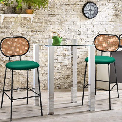 Bar Stools Set of 2, PU Leather Upholstered Bar Chairs with Imitation Rattan Backrest & Footrest