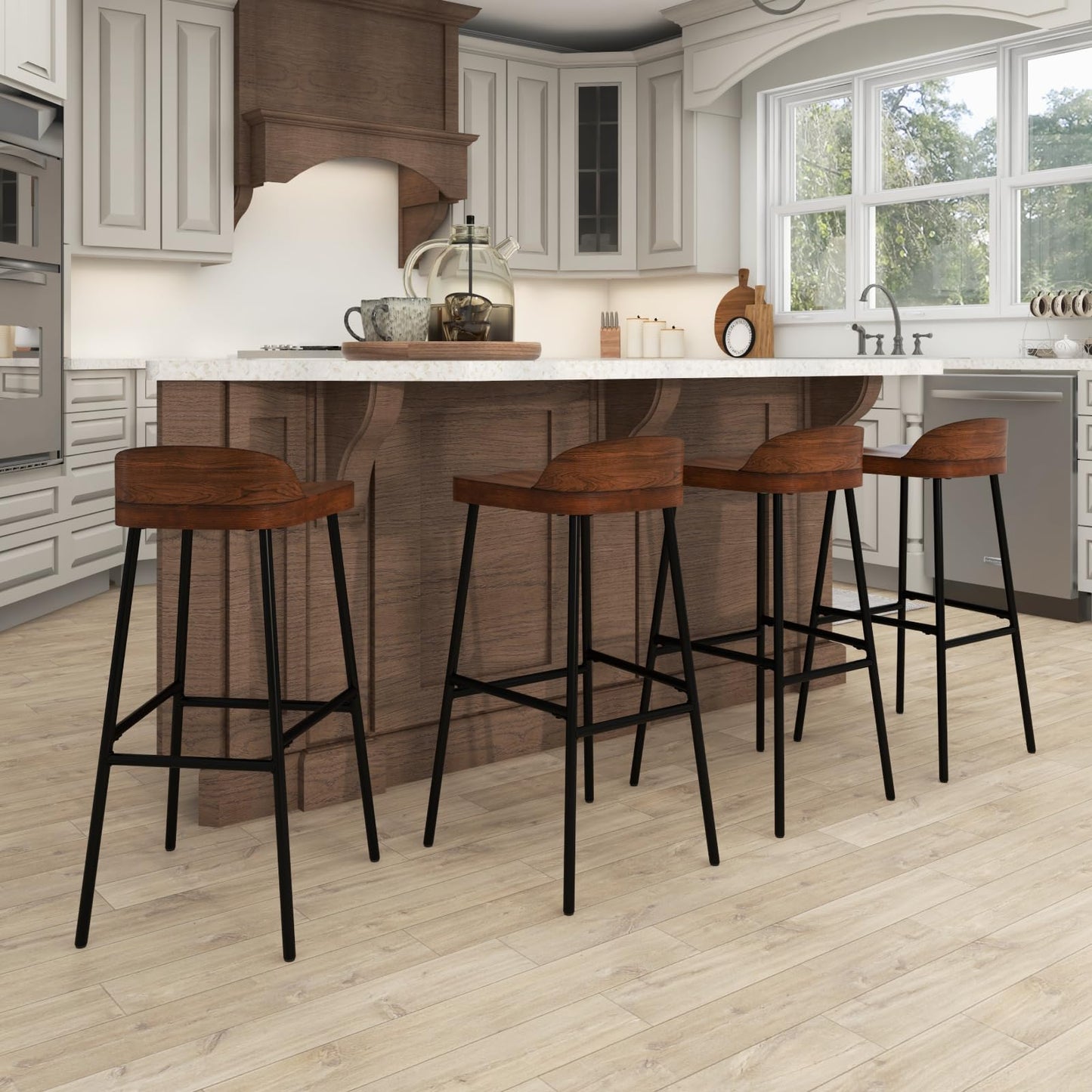 GiantexUK Bar Stools Set of 1/2, 73CM Seat Height Barstools with Low Back, Footrests & Adjustable Foot Pads, 42 x 42 x 82cm