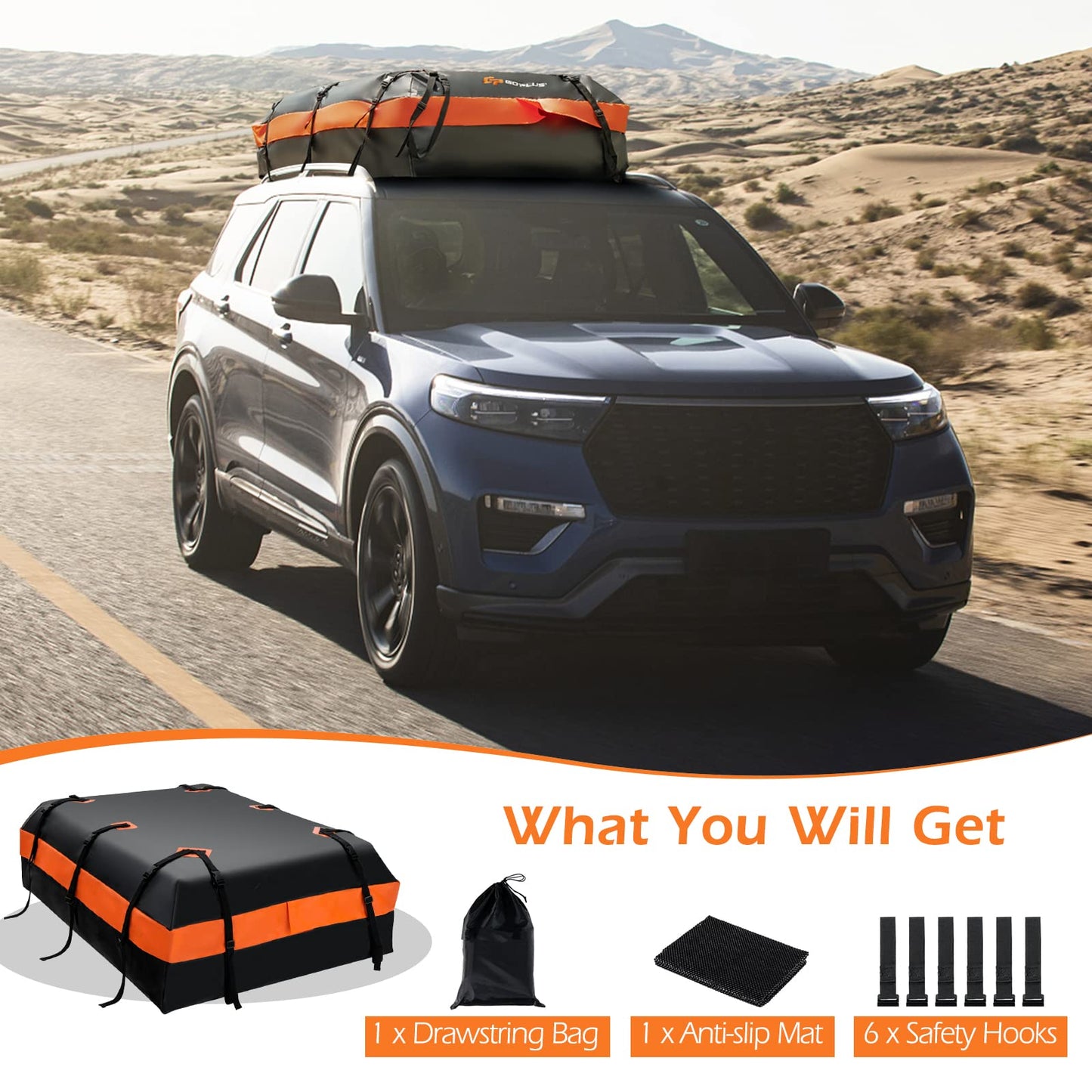 GiantexUK 21 Cubic Feet Car Roof Bag, Waterproof Cargo Top Carrier with Non-Slip Mat, Combination Lock (21 Cubic Ft/600L, No Lock, Black+Orange)