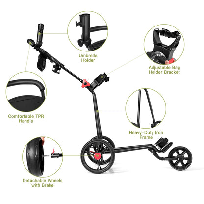 Folding Golf Push Pull Cart, Lightweight 3 Wheels Golfs Trolley with Foot Brake