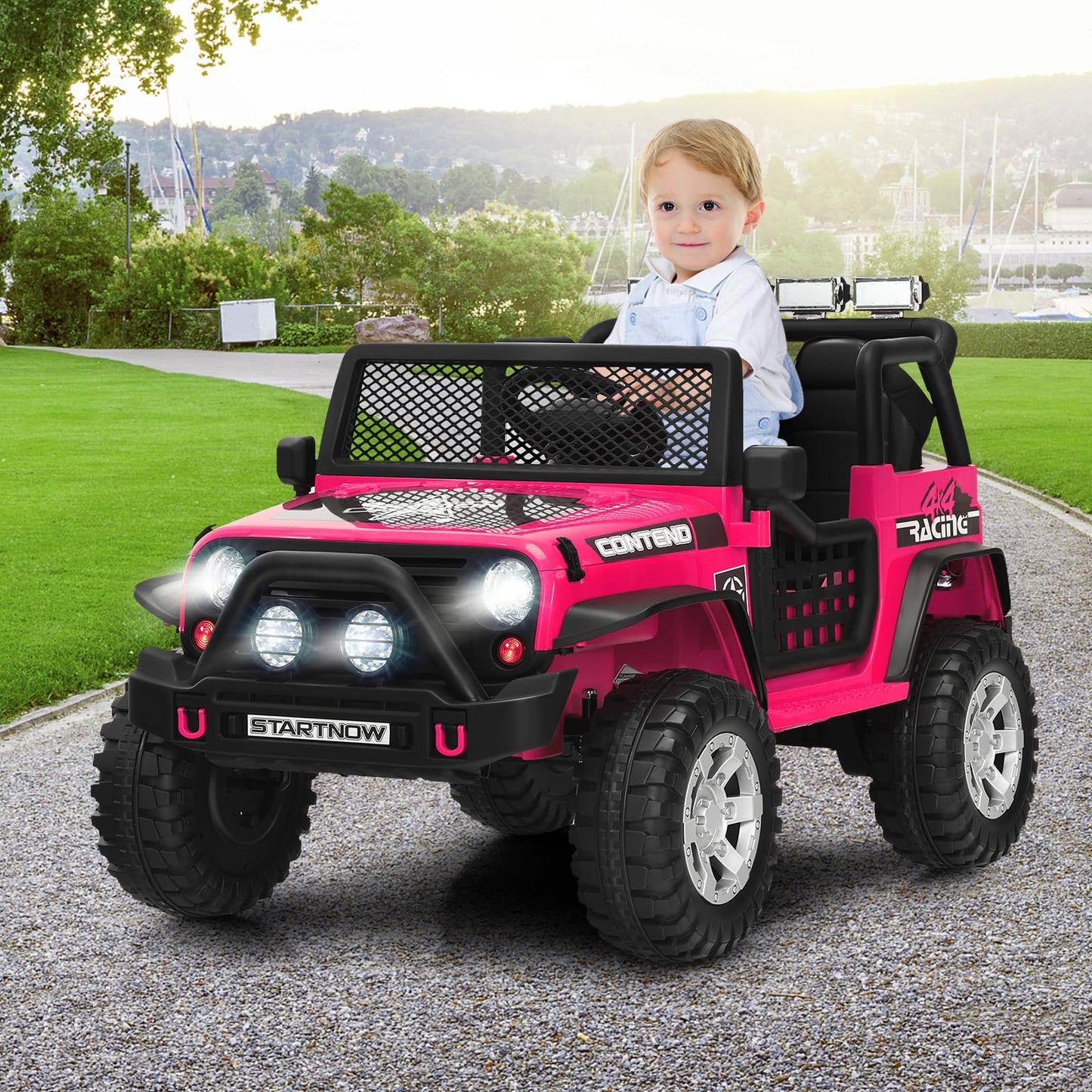 12V Kids Electric Ride on Truck, Battery Powered Off-road Car with Remote Control, LED Lights, Horn, Music, 4 Spring Suspension Wheels Vehicle Toy for Children