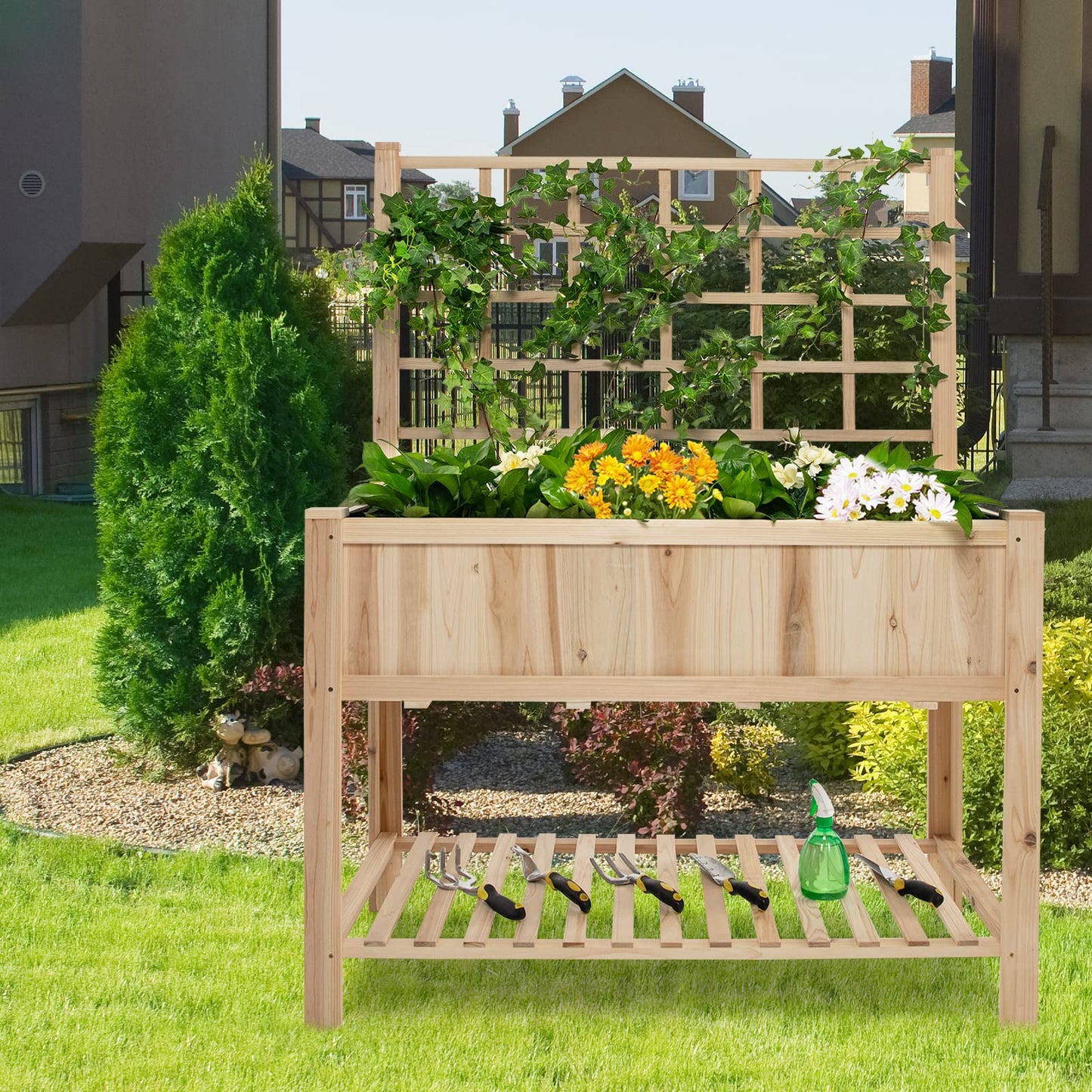 GiantexUK Raised Garden Bed with Trellis, Wood Elevated Planter Box with Liner for Vegetables Herbs Vines Flowers(119x58x159cm, without Wheels)