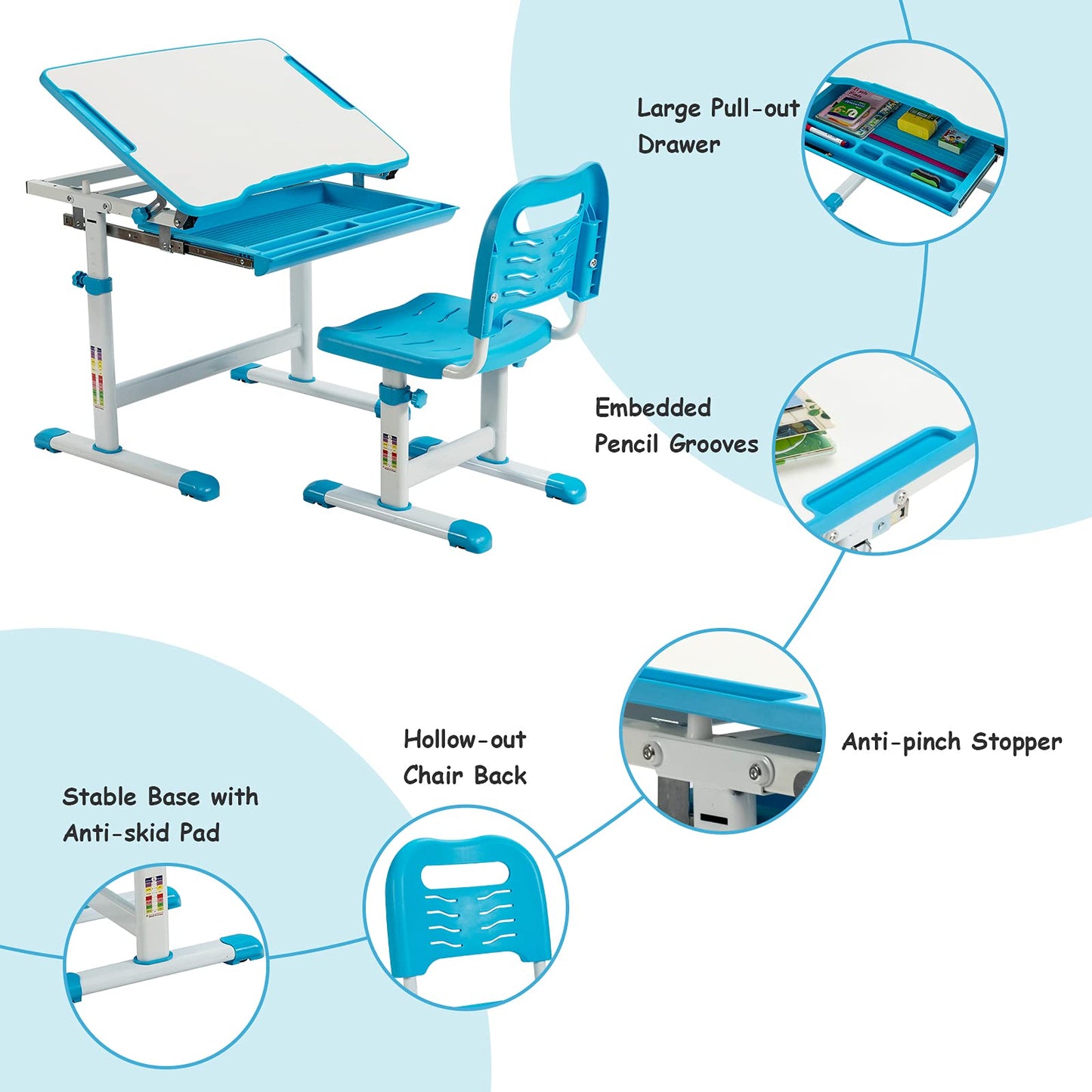 Kids Desk and Chair Set, Height Adjustable Study Table with Tilted Desktop, Drawer and Pen Slot