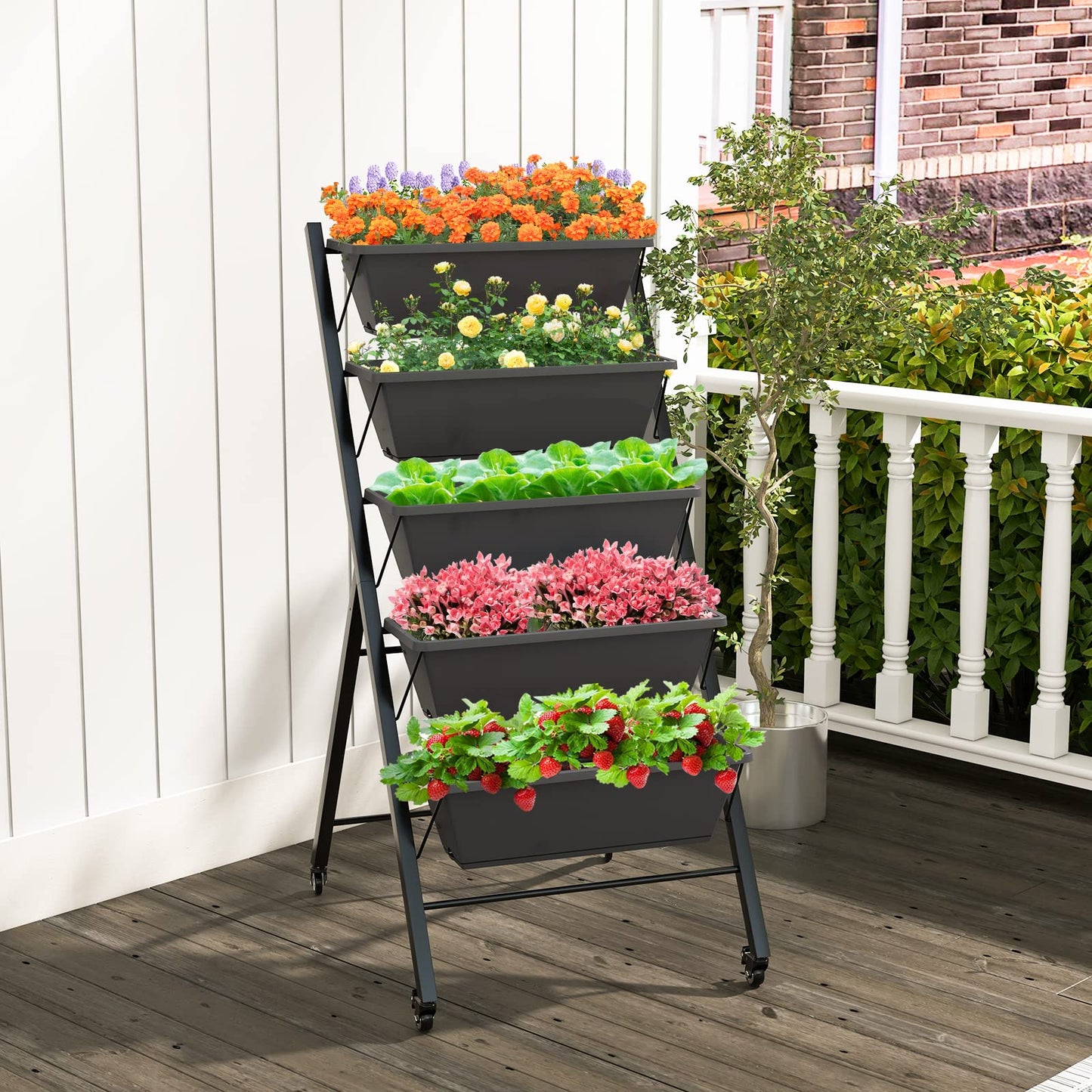 GiantexUK Raised Garden Bed, 5 Tier Vertical Ladder Planter with 5 Removable Trays, Wheels & Drain Holes (with Wheels, Black, 57 x 68 x 117cm)