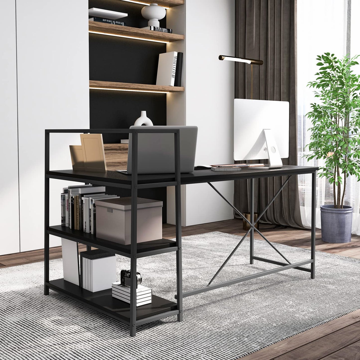 L-Shaped Computer Desk, Large Reversible Corner Desk with Open Storage Shelves