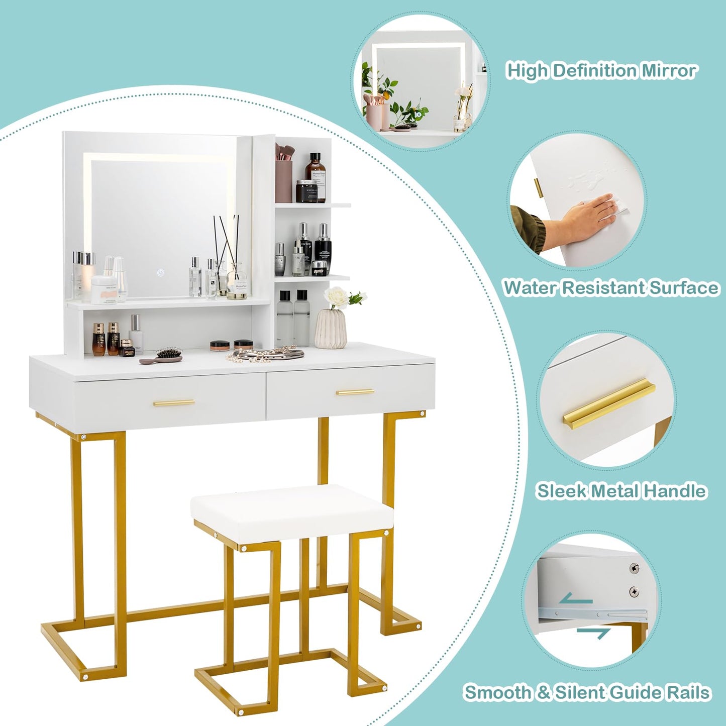 Dressing Table and Stool Set with 3-Color LED Lights Mirror, 2 Drawers and Storage Shelves