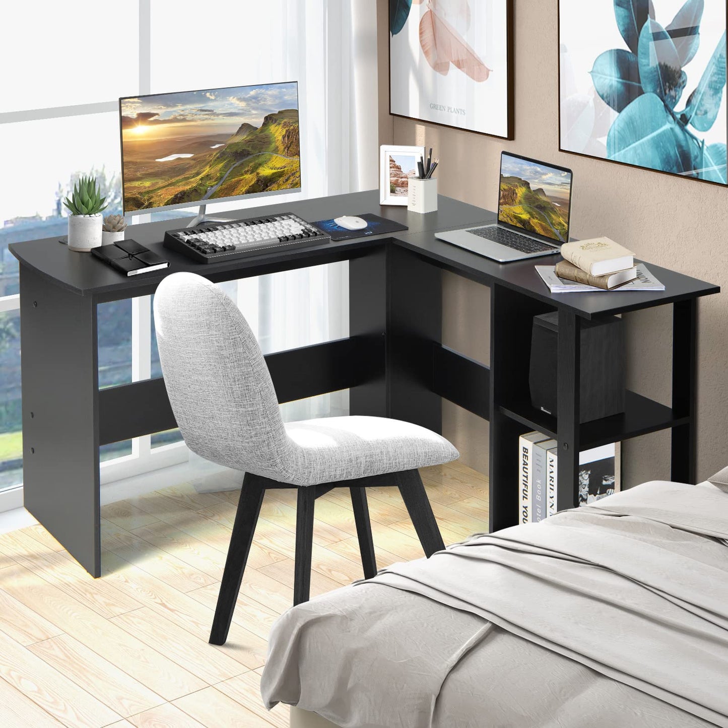 L-Shaped Computer Desk, Modern Large Corner Desk Writing Study Table with Storage Shelves