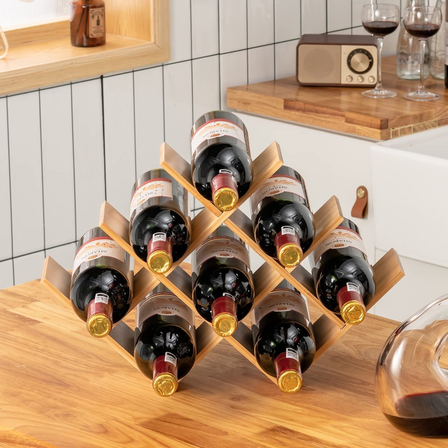 GiantexUK 8 Bottle Wine Rack, Bamboo Wine Storage Shelves Countertop