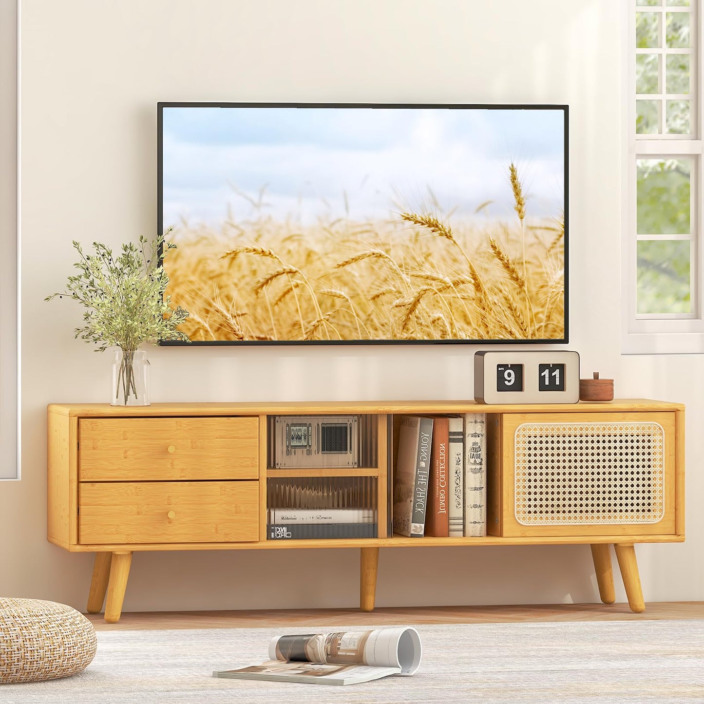 TV Stand for TVs up to 55"/65", Bamboo TV Cabinet Media Entertainment Center with Sliding Rattan & Glass Doors (140cm for 65" TVs)