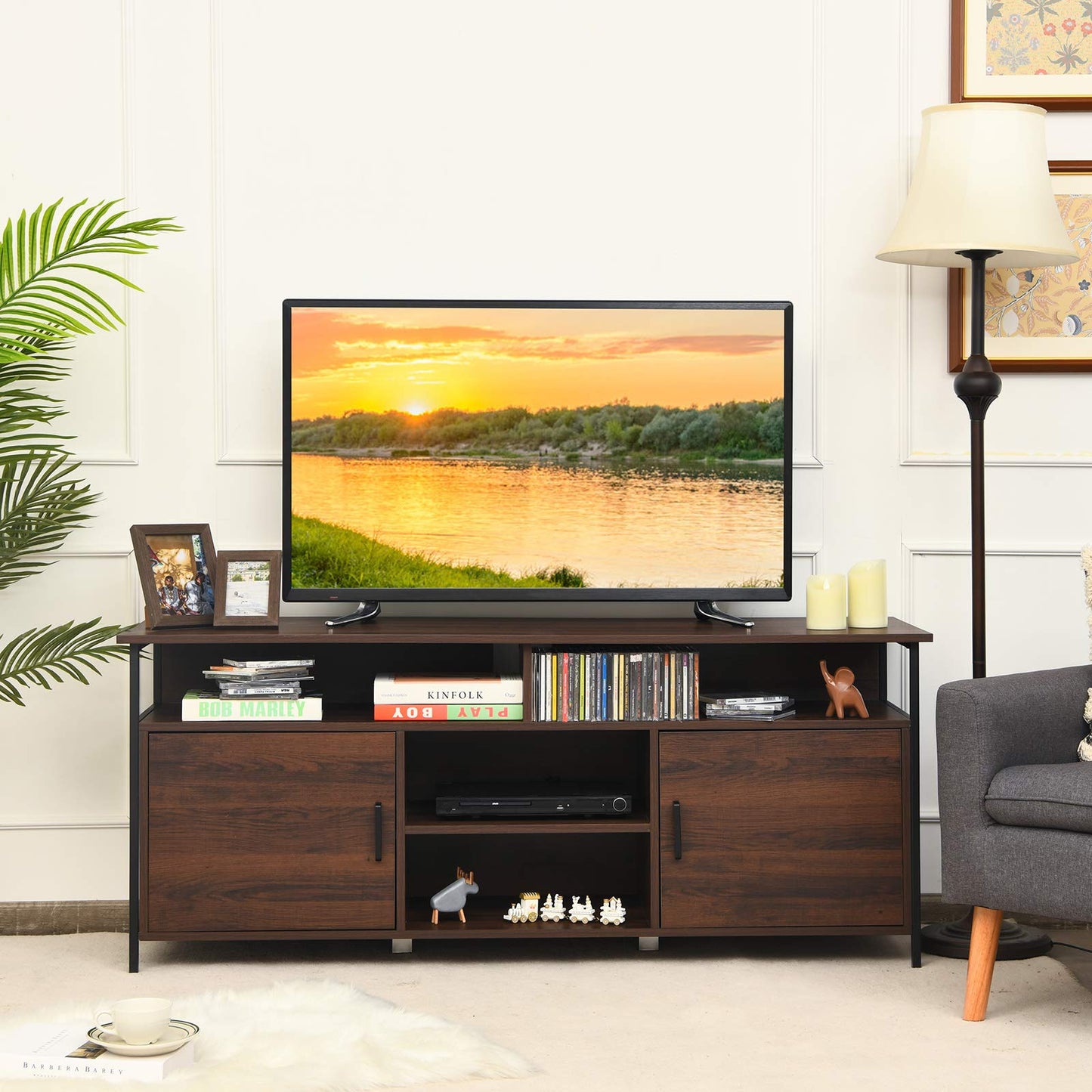 TV Stand for TVs up to 65 Inches, Wooden TV Cabinet Media Entertainment Center with 2 Door Cabinets