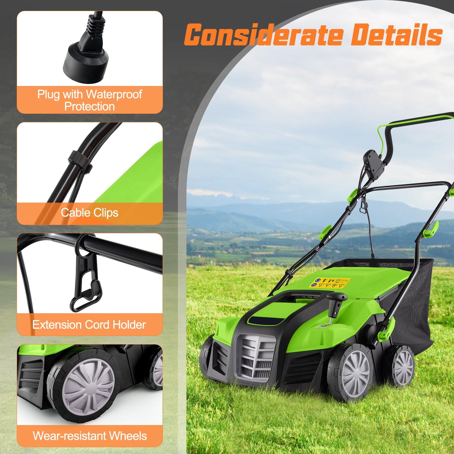 Lawn Scarifier and Aerator 2 in 1, 2000W Folding Garden Lawn Rake with 40cm Working Width