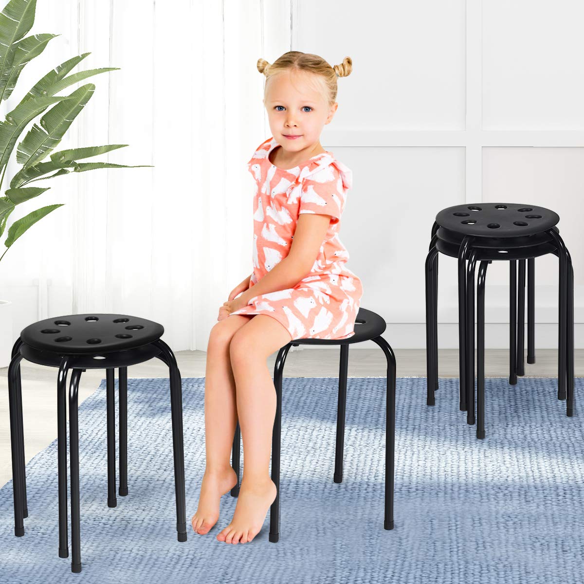 GiantexUK 6PCS Stacking Stools, Set of 6 Plastic Round Bar Stools with Metal Frame & Anti-Slip Foot Mats