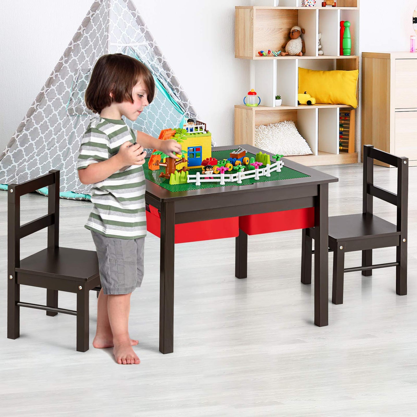 Kids Table and Chairs Set, Children Wooden Activity Table with Double-Sided Building Block Tabletop (Coffee)