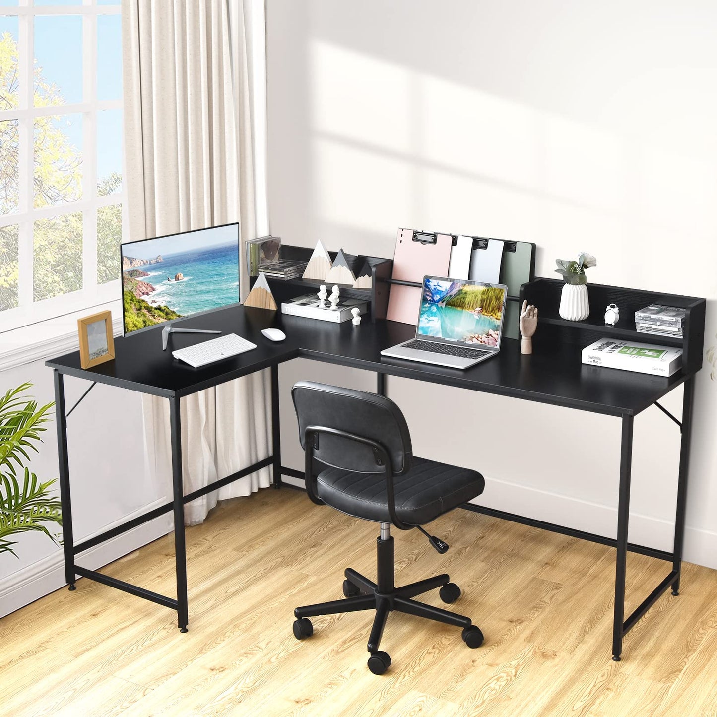 L-Shaped Computer Desk, Industrial Large Corner Desk Writing Study Table with Hutch