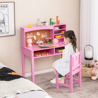 Kids Desk and Chair Set, Wooden Children Study Table with Hutch, Cork Board, Storage Shelves