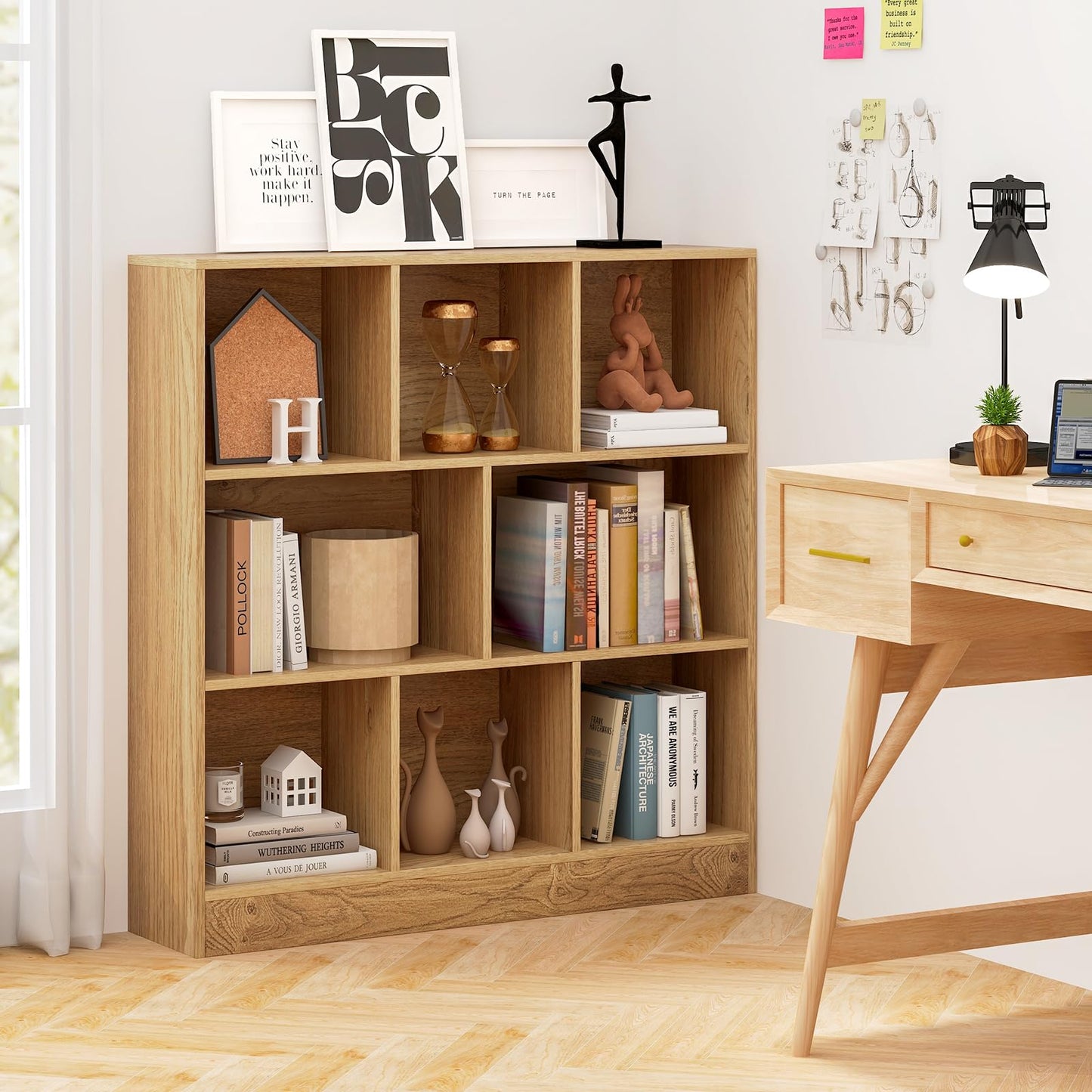 Wooden Cube Bookcase, 3 Tier Open Storage Shelving Unit with 8 Compartments, 100 x 24 x 104cm