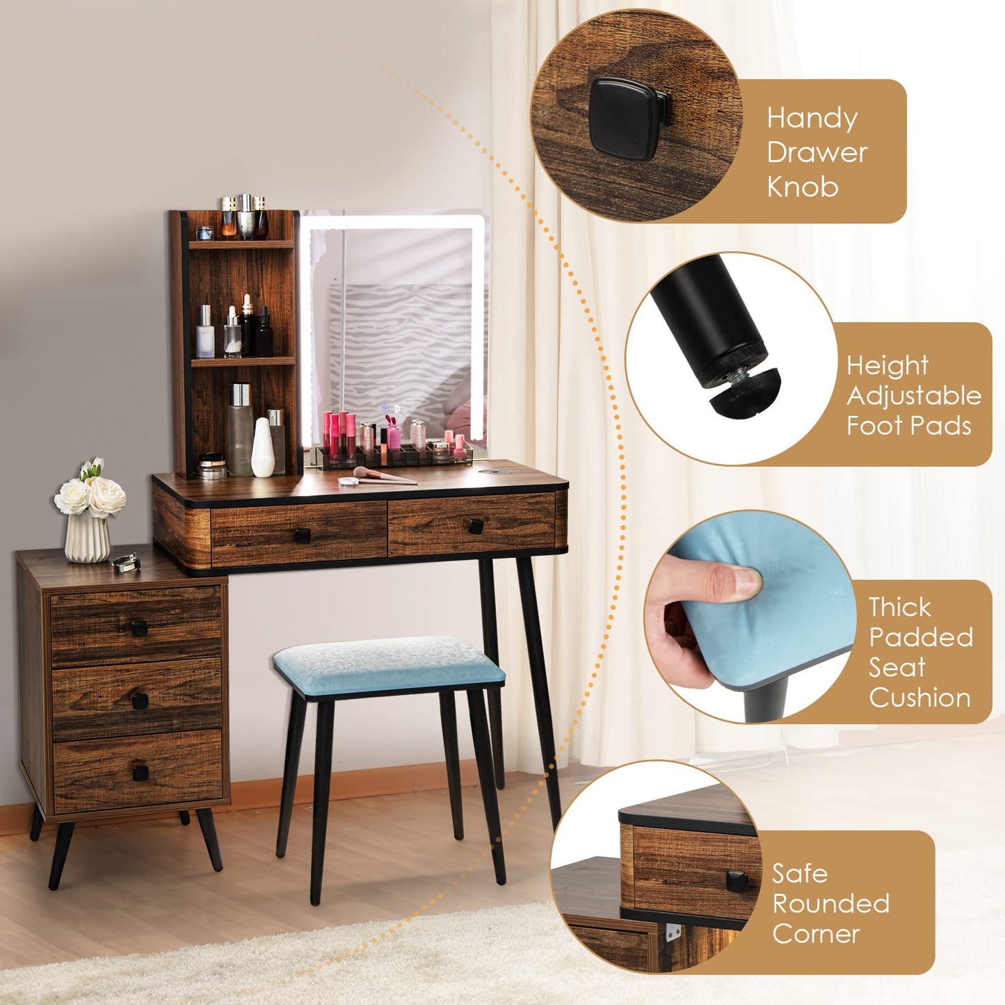 Dressing Table and Stool Set with 3-Color LED Lights Mirror, Drawers, Shelves & Charging Station, Rectangular Mirror