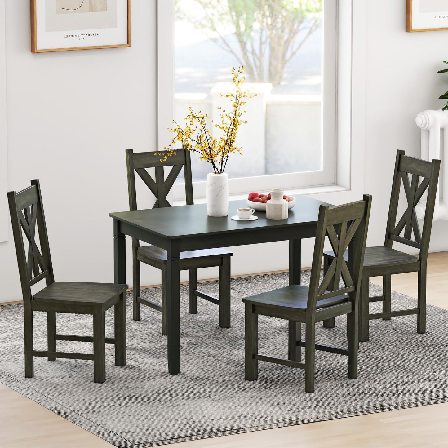 Grey Oak Dining Chairs Set of 2, Wooden Kitchen Chairs with Hollowed High Back