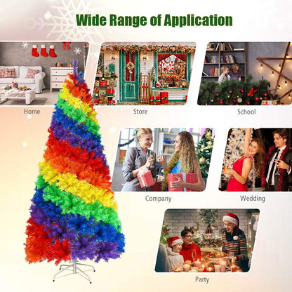 GiantexUK 7FT Rainbow Christmas Tree, Colorful Hinged Artificial Xmas Tree with 1213 Branch Tips & Metal Stand